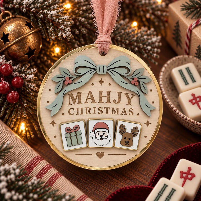 May include: A round wooden Christmas ornament with a gold rim and a pink ribbon hanger. The ornament features a light green bow, the text "MAHJY CHRISTMAS," and three tiles depicting a gift, a Santa Claus face, and a reindeer face.