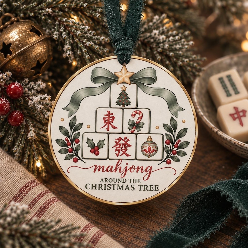May include: A round, flat Christmas ornament featuring a stack of mahjong tiles with holiday illustrations, including a Christmas tree, candy cane, and ornament. The text reads "mahjong AROUND THE CHRISTMAS TREE" in red and black script and block letters.
