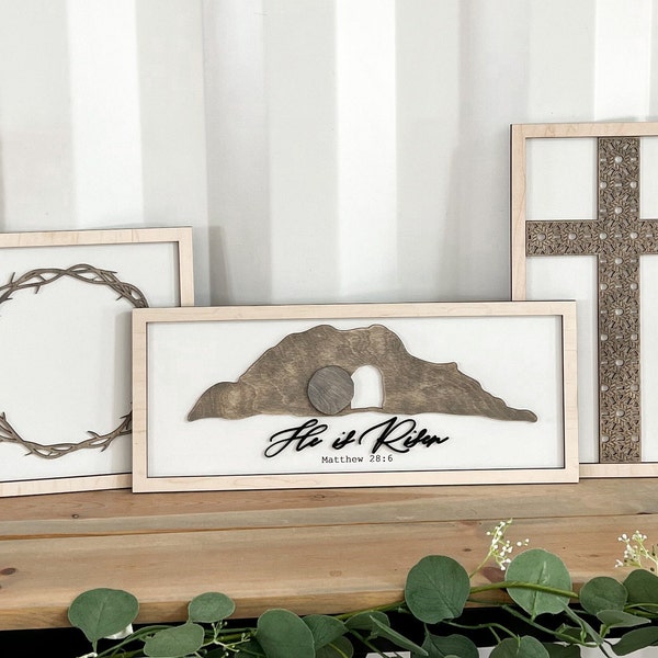 Beautiful Easter Mantle Sign Set Tomb, Cross, and Thorn Crown Laser Cut Digital File | He is Risen | Resurrection Tomb Line Art | Glowforge