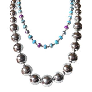 Vintage Silver Metallic Bead Necklace: Chunky Acrylic Beads, Blue Purple Accents