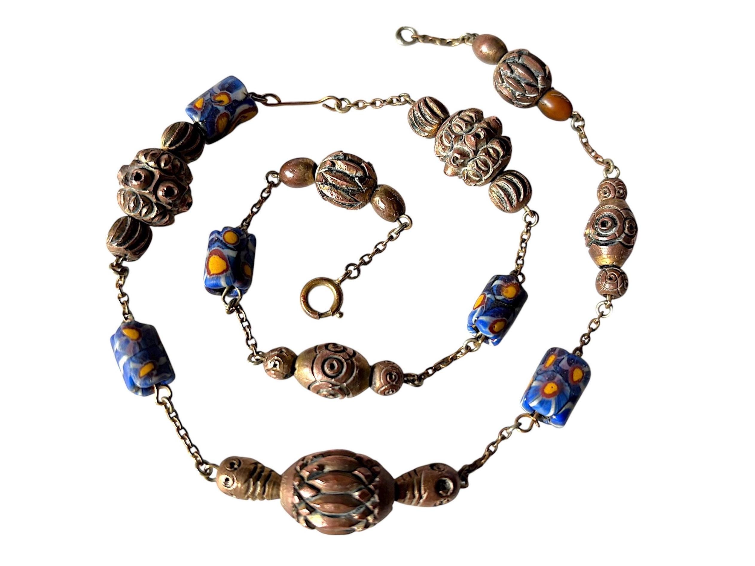 Collier Ancien 26 Pouces Chaîne Câble Laiton Avec Pendentif Perles Florales Cloisonnées - Neuf Sans Emballage
