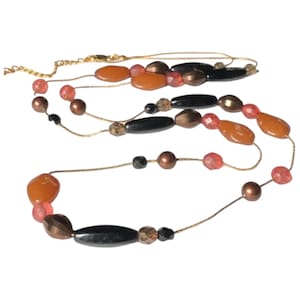 Vintage Flapper Necklace: Brown Glass Bead Gold Chain, 1980s-90s