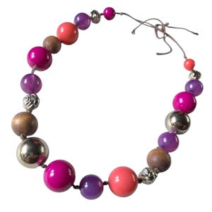 Vintage Mixed Bead Wood & Acrylic Chunky Necklace on Suede Tie, Red Orange and Gold Bead Necklace