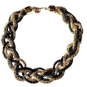 Braided mesh necklace, vintage collar necklace, gold chain and cord, woven statement piece, retro choker, gift for her, brown gold necklace