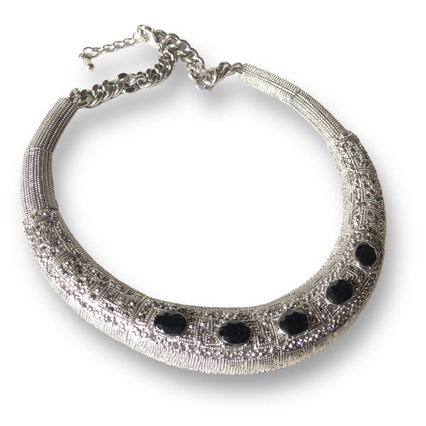 Vintage M&S Textured Silver Style Collar Torc Necklace with Marcasite and Black Stone Detail, Silver Sparkle Torque Necklace, Preloved