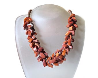 Collana vintage con perline di legno e osso massiccio, stile tribale boho, marrone naturale