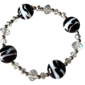 Zebra Glass & Crystal Bead Bracelet: Black and White Stretch Jewelry