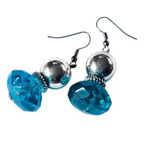Teal Acrylic Dangle Earrings, 1990s Silver Tone Evening Jewelry
