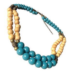 Two Strand Varnished Blonde Wood & Blue Acrylic Bead Necklace with Bronze Findings