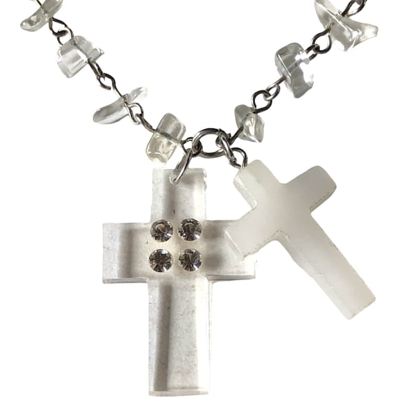 Wired Clear Quartz Crystal Nugget Chain with Crucifix Duo in Opaque Glass & Perspex, Crucifix Duo on Crystal Chip Chain, Religious Necklace