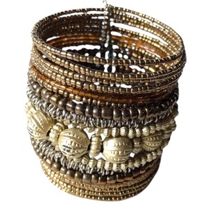 Vintage Bronze & Gold Seed Bead Memory Wire Cuff Bracelet