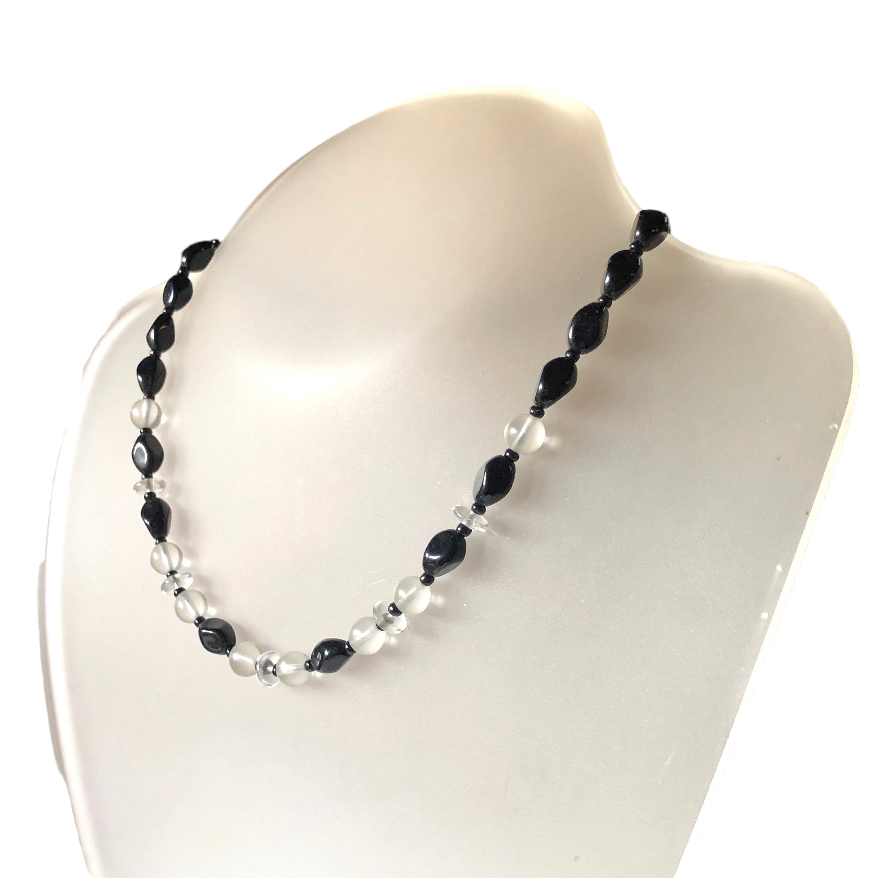 Art Deco Original Black Glass & Clear Frosted Glass Bead