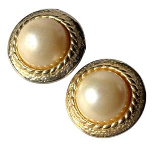 Faux Glass Pearl Clip on Stud Earrings with Rope Style Border