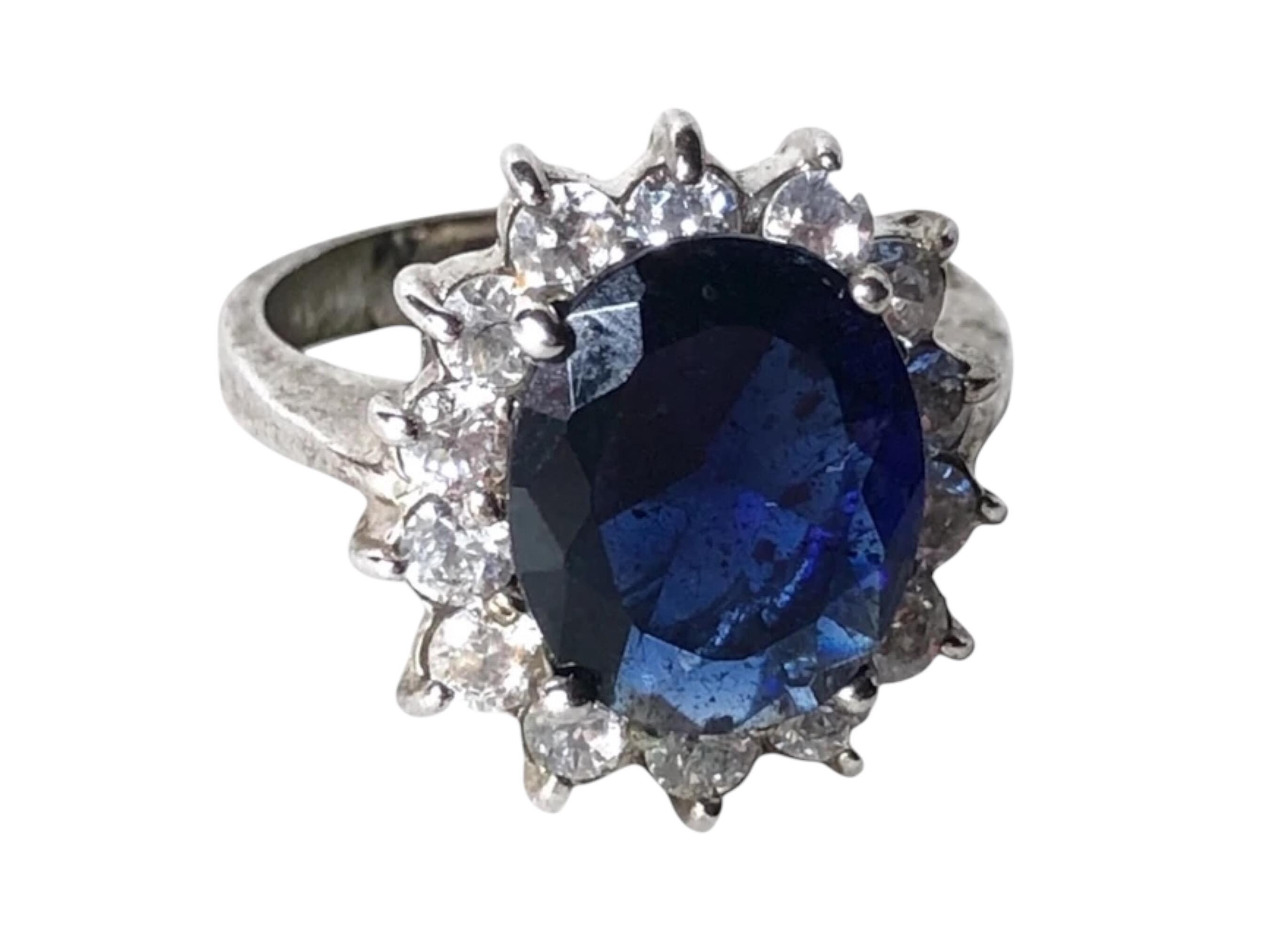 Vintage Faux Sapphire & Diamond Silver Plated Cluster  Vintage Faux Sapphire Rhinestone Cluster Ring main image 0