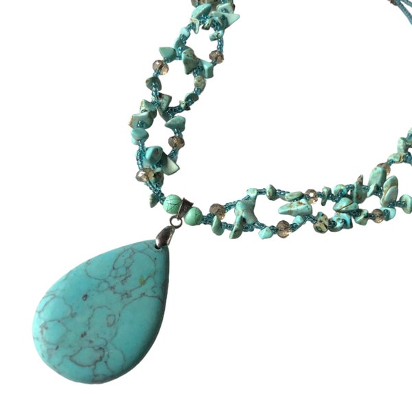 Turquoise Howlite Pendant With 18k Gold Plate Fixings & Glass Seed Beads