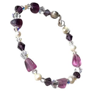 Pulseira de ametista e pérola, contas de cristal, fecho de prata esterlina, joias artesanais com pedras preciosas