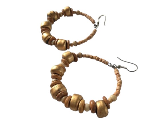 Orecchini A Cerchio Boho In Legno Con Perline Arancioni E Marroni, Lunghezza 65 Mm, Chiusura A Gancio - 6