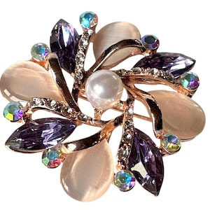 Vintage Gold Tone Peach Opaline Brooch: Rhinestone Flower & Faux Pearl