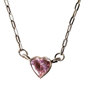 Delicado collar de corazón de plata, cadena de plata esterlina, colgante de corazón con circonita rosa, collar de plata 925, joyería minimalista, regalo para ella