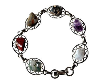 Vintage 1970s Mixed Gemstone Nugget Bracelet Silver Tone Link