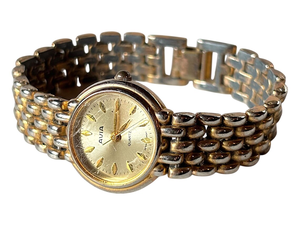 Vintage Avia Gold Tone Quartz Ladies Bracelet Watch Classic Small Face Wristwatch, foto 2 di 5