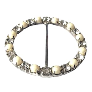 Vintage Rhinestone & Faux Pearl Belt Buckle - 1970s Silver Tone Diamanté