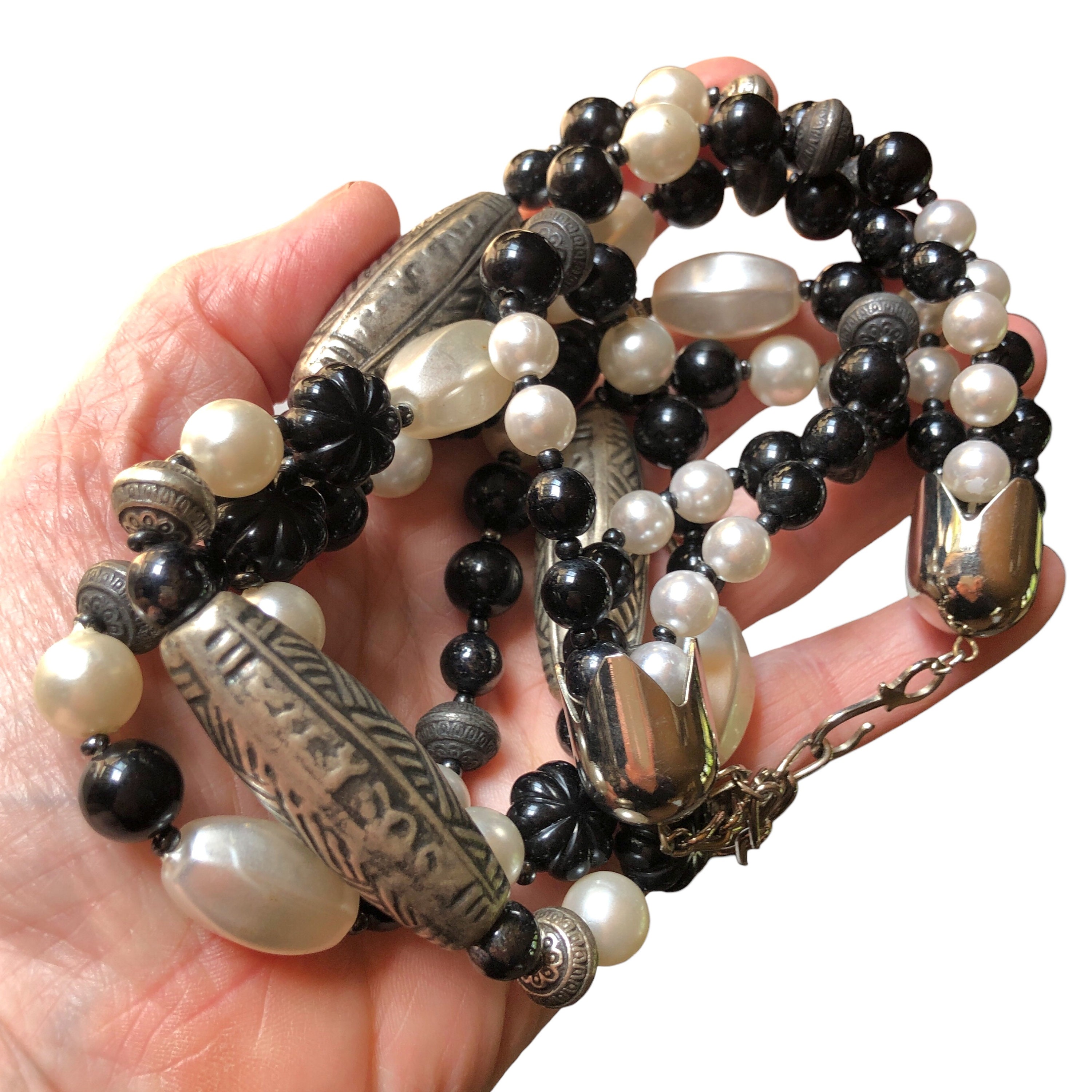 Vintage Italian Three Strand Necklace: Black, Silver, Faux Pearl 