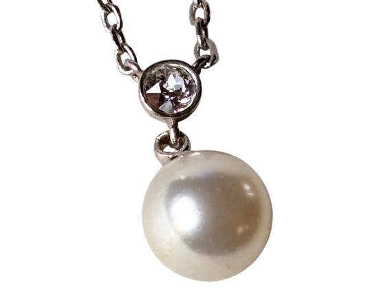 Vintage Philip Jones Faux Pearl Drop Necklace Crystal Accent Minimalist Layering Jewellery