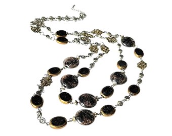 Vintage lange ketting zwart goud zilver glaskralen meerstrengige ketting