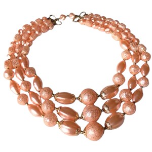 Vintage Pink Acrylic Beaded Necklace: 1950s Retro Three Strand