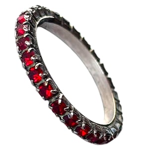 Vintage 1970s Red Crystal Ring Silver Tone Stacking Band Size M