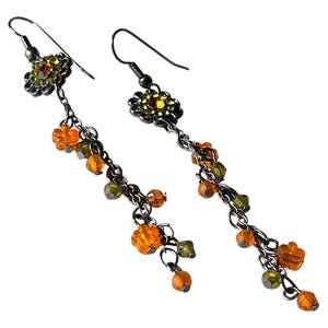 Vintage Glass Bead Dangle Earrings: Orange, Green, Floral Boho Jewelry