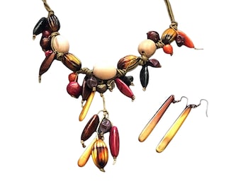 1990s Beaded Necklace & Earrings Set, Acrylic Wood Shell, New Old Stock