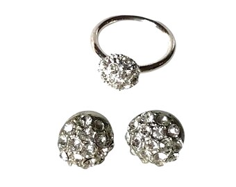 Vintage Pavé Crystal Silver Tone Ring & Stud Earrings Set