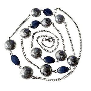 Boho Silver Chain Necklace: Blue Oval Beads, Floral Accents, 35 Inch