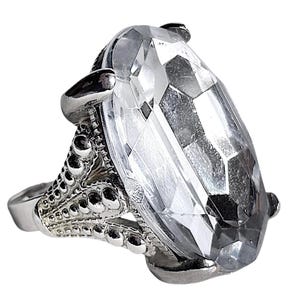 Vintage Chunky Facetterad Kristall Statement Ring Justerbar Silvertonad Cocktailring