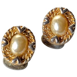 Vintage clip on earrings, faux pearl earrings, gold rope earrings, oval stud earrings, retro jewellery, clip on studs, elegant & timeless