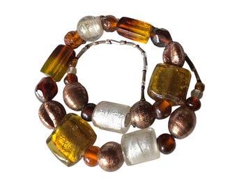 1970s Vintage Autumn Glass Bead Necklace Brown Gold Foil Beads