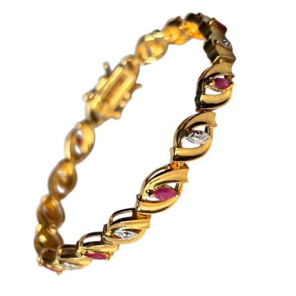 1980s Ruby CZ Gold Plated Link Bracelet Vintage Sparkle Jewellery Gift for Her Retro