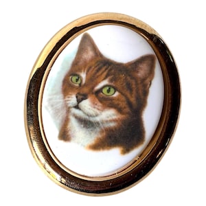 Vintage Tabby Cat Brooch: Ceramic Portrait Pin, Gold Tone Frame