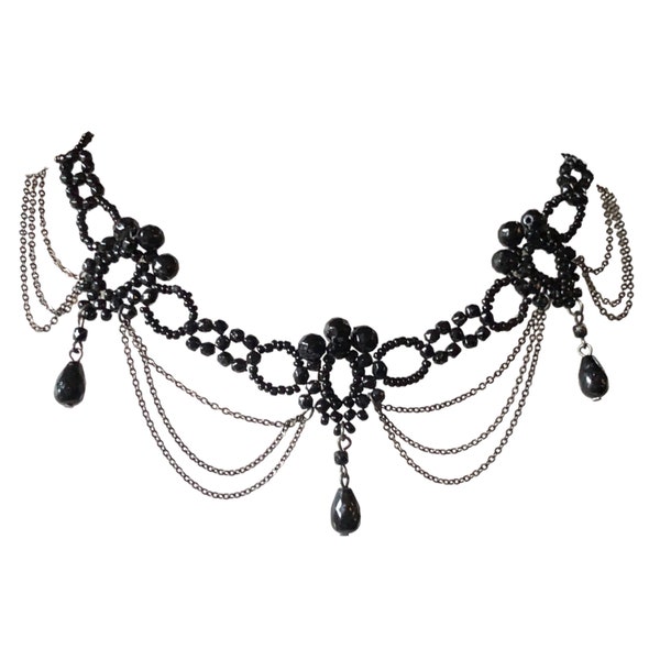 Victorian Gothic Style Black Glass & Acrylic Beaded Necklace with Chain Detail
