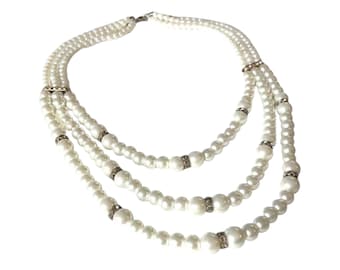 Vintage Three Strand Pearl Necklace with Crystal Accents
