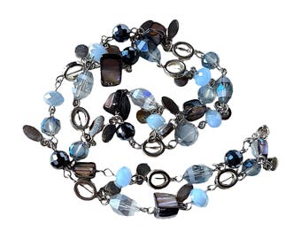 Vintage M&S Opalite Glass and Shell Long Necklace, Layering Beaded Silver Tone