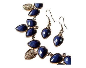Vintage Blue Crystal Necklace & Earrings Set: Gold Tone Bridal Jewelry