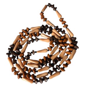 Vintage 1980s Faux Wood Bead Necklace: Long Eclectic Brown Acrylic Strand
