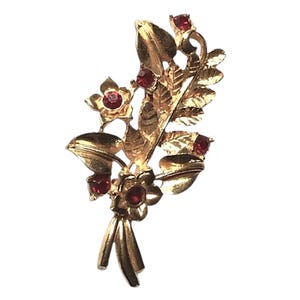 Vintage Gold Tone Floral Brooch with Red Rhinestones, 1960s