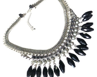 Vintage Bohemian Black Glass, Rhinestone & Flat Chain Bib Necklace