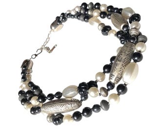 Vintage Italian Three Strand Necklace: Black, Silver, Faux Pearl 