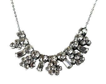 Vintage Rhinestone Necklace, Baguette Cluster Bib, Silver Tone Mid Century Bridal Statement