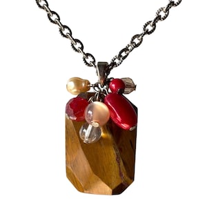 Tiger&#39;s Eye Pendant Necklace: Red Beads, Silver Chain, Boho Jewelry